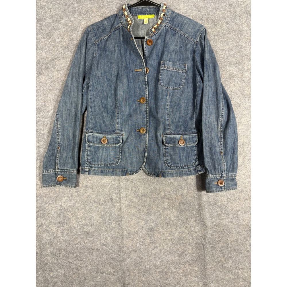 Sigrid Olsen Petite M Denim Jacket Beaded Collar Button Front Classic Blue